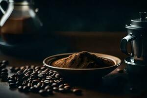 caffè fagioli e un' caffè macinino su un' di legno tavolo. ai-generato foto