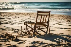 un' spiaggia sedia su il sabbia. ai-generato foto