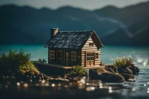 un' miniatura Casa su un' roccia nel il acqua. ai-generato foto