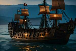 un' di legno pirata nave nel il oceano. ai-generato foto