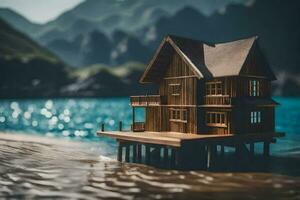 un' miniatura di legno Casa su un' molo nel davanti di un' lago. ai-generato foto
