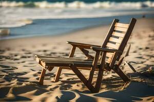 un' di legno sedia si siede su il spiaggia vicino il oceano. ai-generato foto