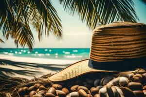 un' cannuccia cappello su il spiaggia. ai-generato foto