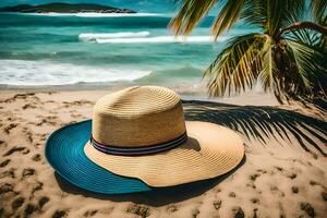 un' cappello su il spiaggia vicino il oceano. ai-generato foto