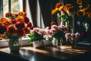 fiori nel vasi su un' tavolo. ai-generato foto