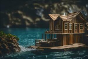 un' miniatura di legno Casa su un' roccia nel il oceano. ai-generato foto