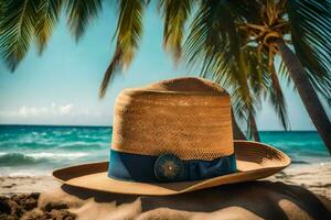 un' cannuccia cappello su il spiaggia. ai-generato foto