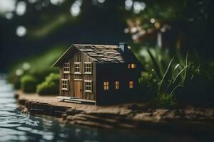 un' miniatura Casa su un' piccolo isola di il acqua. ai-generato foto