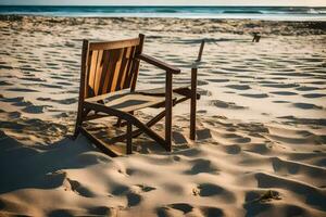 un' sedia e un' di legno scatola su il spiaggia. ai-generato foto