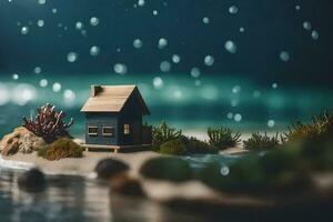 un' miniatura Casa su il spiaggia nel il pioggia. ai-generato foto