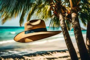 un' cappello sospeso a partire dal un' palma albero su il spiaggia. ai-generato foto