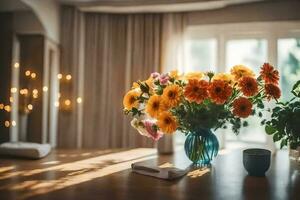 un' vaso di fiori su un' tavolo nel davanti di un' finestra. ai-generato foto