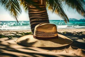 un' cappello si siede su il sabbia vicino un' palma albero. ai-generato foto