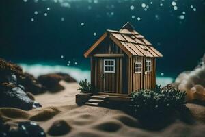 un' miniatura Casa su il spiaggia con acqua e rocce. ai-generato foto