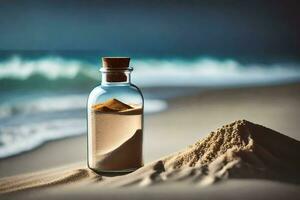 sabbia nel un' bottiglia su il spiaggia. ai-generato foto