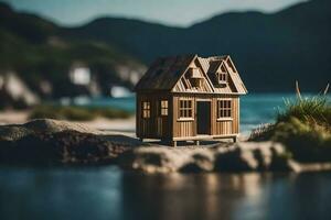 un' miniatura Casa su il spiaggia. ai-generato foto