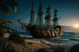 un' pirata nave su il spiaggia a tramonto. ai-generato foto