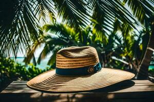 un' cappello su un' di legno tavolo nel davanti di palma alberi. ai-generato foto