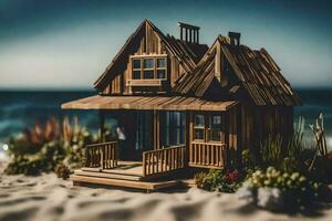 un' miniatura di legno Casa su il spiaggia. ai-generato foto