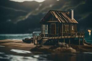 un' miniatura di legno Casa su il spiaggia. ai-generato foto