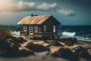 un' miniatura Casa su il spiaggia. ai-generato foto