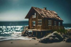 un' miniatura di legno Casa su il spiaggia. ai-generato foto