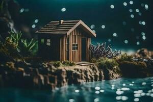 un' miniatura Casa su un' piccolo isola nel il acqua. ai-generato foto