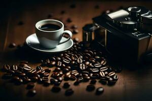 caffè fagioli e un' telecamera su un' di legno tavolo. ai-generato foto