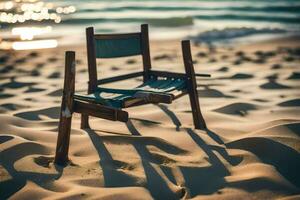 un' di legno sedia si siede su il sabbia a il spiaggia. ai-generato foto