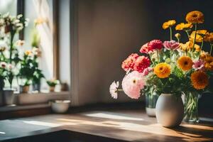 un' vaso di fiori seduta su un' tavolo nel davanti di un' finestra. ai-generato foto