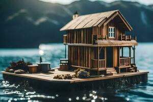 un' miniatura di legno Casa galleggiante su il acqua. ai-generato foto