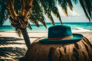 un' cappello si siede su superiore di un' Noce di cocco su il spiaggia. ai-generato foto