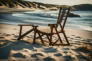 un' sedia e un' piede riposo su il spiaggia. ai-generato foto