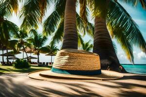 un' cannuccia cappello si siede su il sabbia vicino palma alberi. ai-generato foto