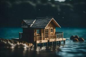 un' miniatura Casa su un' piccolo isola nel il acqua. ai-generato foto