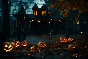 Halloween zucche nel davanti di un' Casa. ai-generato foto