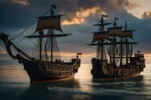 Due navi nel il oceano a tramonto. ai-generato foto