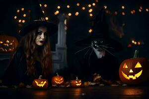 un' donna e un' gatto nel strega costumi. ai-generato foto