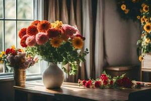 un' vaso di fiori seduta su un' tavolo vicino un' finestra. ai-generato foto