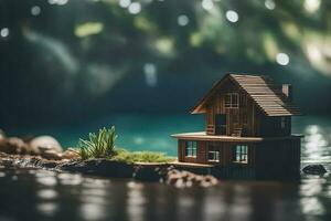 un' miniatura Casa galleggiante nel il acqua. ai-generato foto
