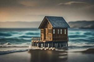 un' miniatura Casa su il spiaggia con onde. ai-generato foto