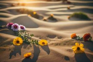 fiori nel il deserto a tramonto. ai-generato foto