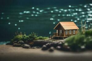 un' miniatura Casa su il spiaggia con acqua nel il sfondo. ai-generato foto