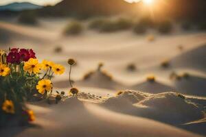 il sole è ambientazione nel il deserto e fiori siamo in crescita nel il sabbia. ai-generato foto