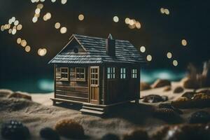 un' miniatura Casa su il spiaggia con luci. ai-generato foto