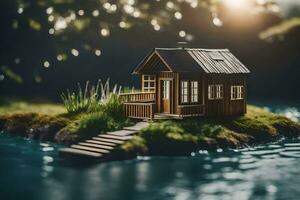 un' miniatura Casa su un isola nel il acqua. ai-generato foto
