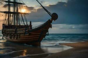 un' pirata nave si siede su il spiaggia a tramonto. ai-generato foto