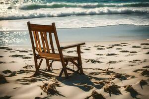 un' di legno sedia si siede su il spiaggia vicino il oceano. ai-generato foto