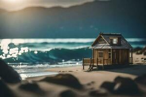 minuscolo Casa su il spiaggia. ai-generato foto