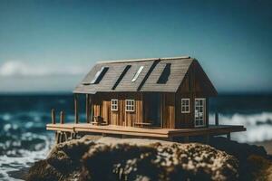 un' miniatura Casa su un' roccia di il oceano. ai-generato foto